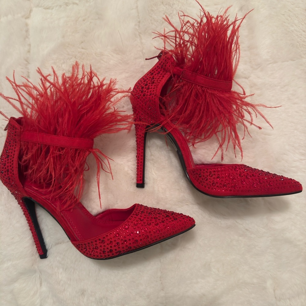 Red Feathered Rhinestone Heels